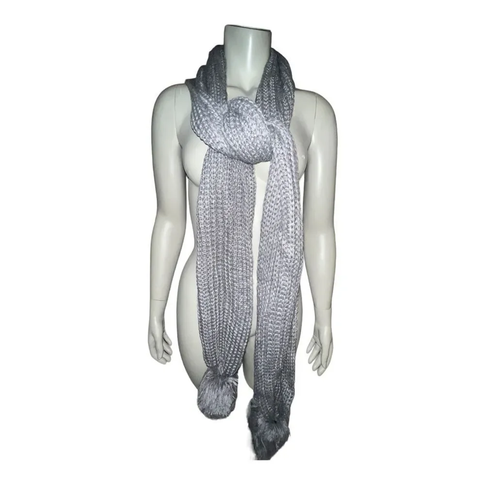 Karl Lagerfeld Paris Long Scarf Knit Double Pom Scarf Granite Grey New